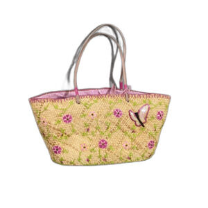 Corn Husk woven Tote Beach Bag  Gingham Lined sequine Butterfly packable